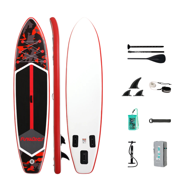 Paddleboard Sportovní Sada Feath-R-Lite Nafukovací 350x84x15 cm Nosnost 180 kg PVC Materiál s Pádlem 3 Ploutvemi Pumpou a Batohem červená