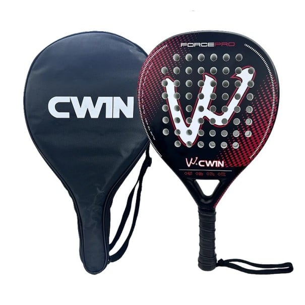 Padelová pálka CWIN Force Pro rukojeť z uhlíkových vláken karbonový rám přepravní obal kapkovitý tvar pro rekreační i pokročilé hráče červená