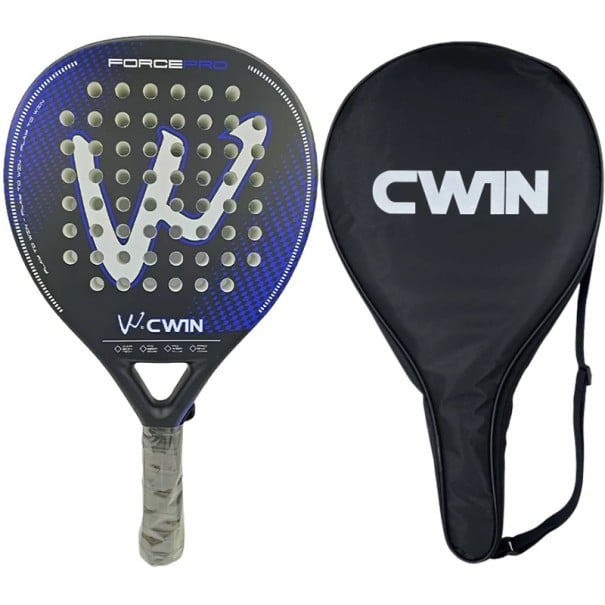 Padelová pálka CWIN Force Pro rukojeť z uhlíkových vláken karbonový rám přepravní obal kapkovitý tvar pro rekreační i pokročilé hráče modrá