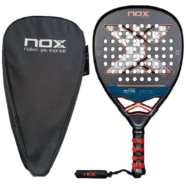 Padelová pálka NOX AT10 Genius 18K karbon 18K povrch rám z uhlíku ochranný obal Šedá a modrá Agustín Tapia pro pokročilé hráče luxury series 1