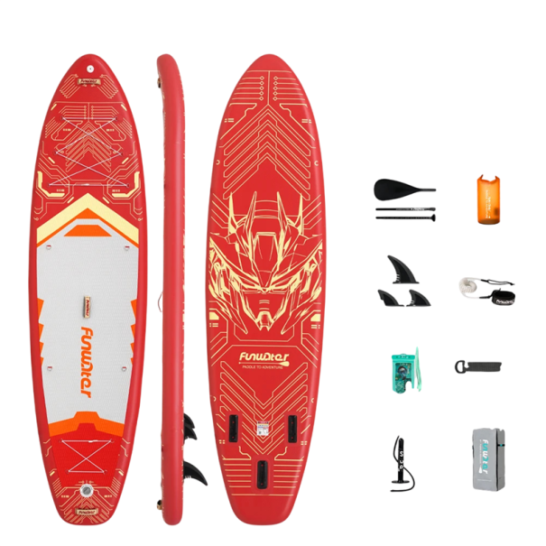 Pádlovací Prkno Funwater Nafukovací 350x90x15 cm Nosnost 200 kg PVC Futuristický Motiv Robota s Pádlem 3 Ploutvemi Poutkem Pumpou a Batohem červená