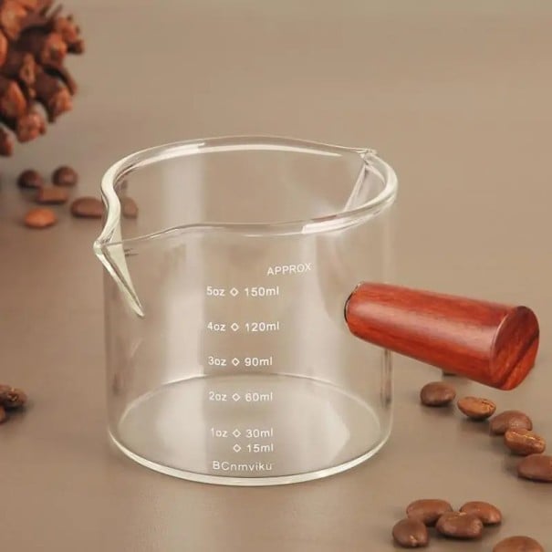 Pahar de masurat espresso din sticla 150 ml cu maner din lemn 6,5 x 6,5 cm Pahar dozator barista Pahar de cafea din sticla cu marcaje Accesorii 1