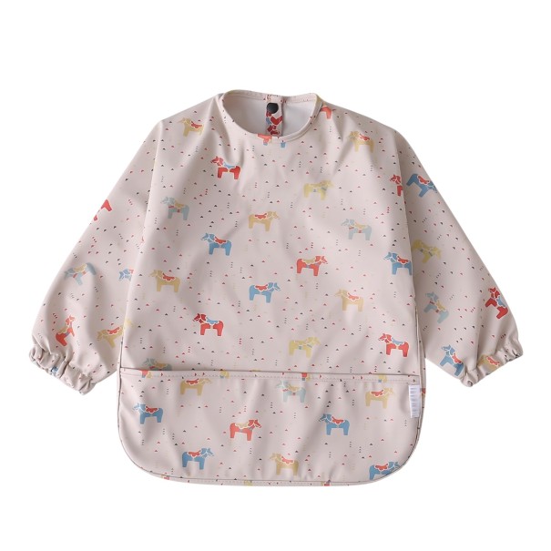Παιδικό αδιάβροχο σαλιάρα με μακριά μανίκια και εκτύπωση πολύχρωμων αλόγων μπεζ ποδιά για μωρά με τσέπη και κουμπί στο λαιμό 6-12 μηνών