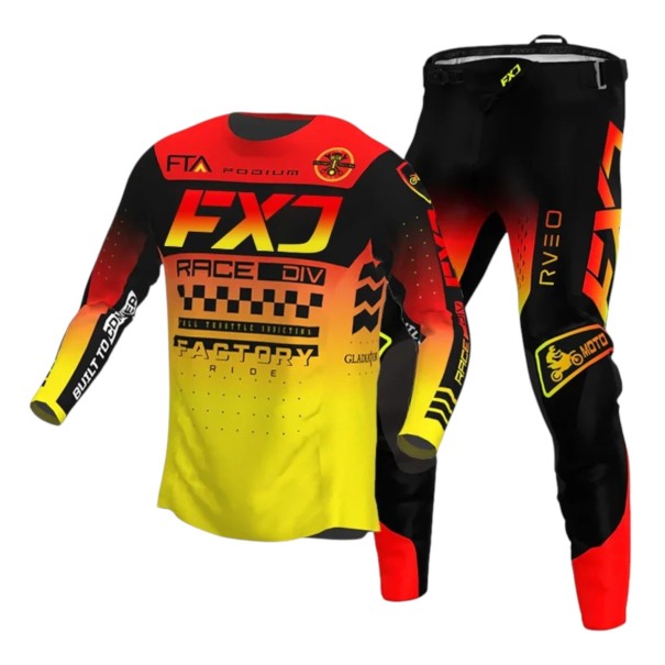 Παιδικό μοτοκρός σετ μπλούζα και παντελόνια Unisex με μακριά μανίκια από πολυεστέρα και νάιλον Μαύρο-κόκκινο-κίτρινο για μοτοκρός και εντούρο 12