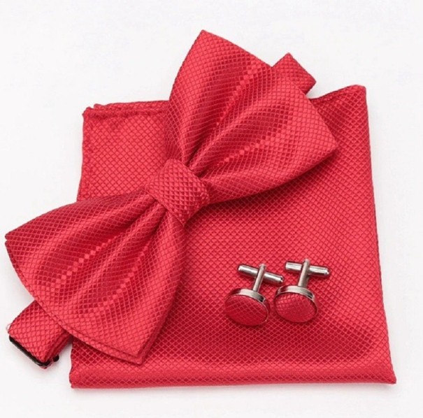 Pajarita, pañuelo y gemelos para hombre rojo