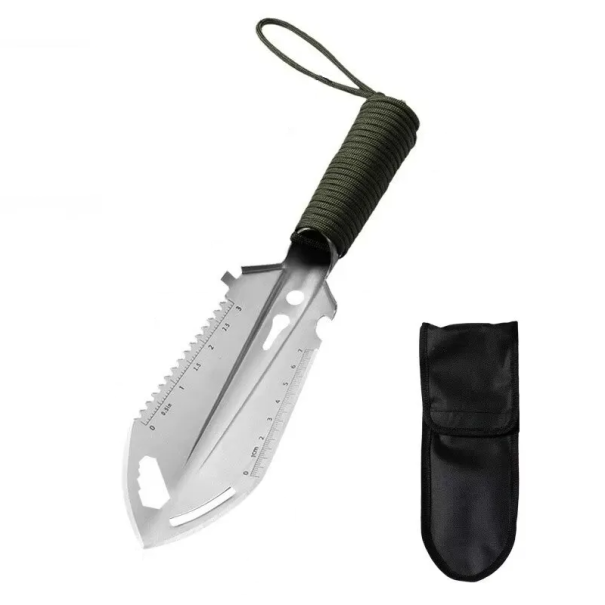 Pala de supervivencia multiusos 6 en 1 fabricada en acero para herramientas Cuchillo Sierra Punta de lanza Llave Allen Regla Extractor de clavos Herramientas tácticas para exteriores plateado