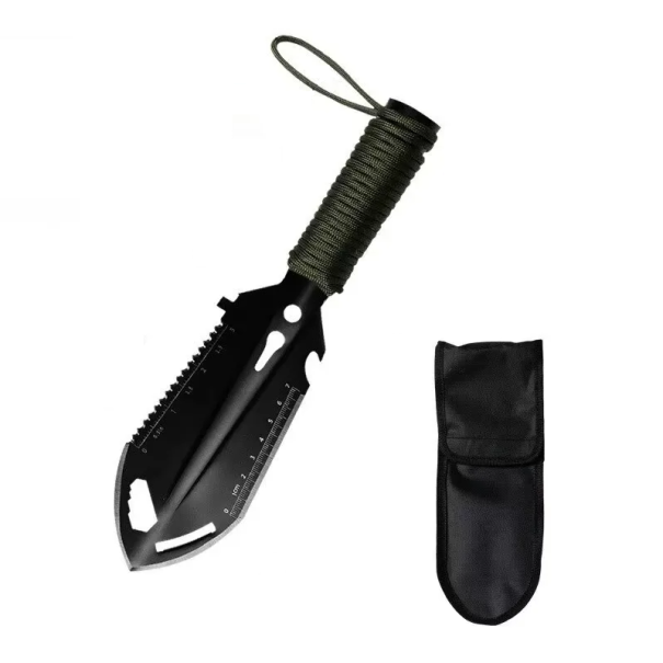 Pala survival multifunzionale 6in1 in acciaio per utensili Coltello Sega Punta di lancia Chiave a brugola Righello Estirpatore di chiodi Strumento tattico per la natura nero