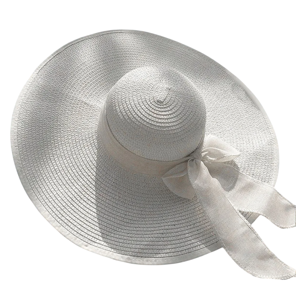Pălărie de paie pentru femei, 56-60 cm, cu bor mare, pălărie de plajă de vară cu fundă, protecție solară, accesoriu elegant pentru soare alb