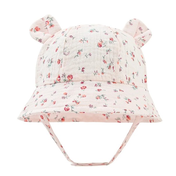 Pălărie din bumbac pentru copii cu urechi, flori roz, roz cu legare, Circumferința capului 35–39 cm, Vârful 27 cm, Adâncimea 11 cm, 3–12 luni 1