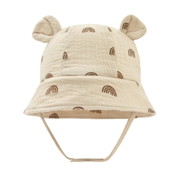 Pălărie din bumbac pentru copii cu urechi, model curcubeu, bej, cu șnur de legare, circumferința capului 35–39 cm, vizor 27 cm, adâncime 11 cm, pălărie pentru 3–12 luni 1