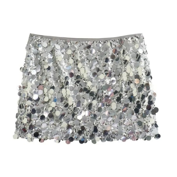Paljettkjol med hög midja, glittrig kort kjol för kvinnor, elegant festkjol, glansig kjol med paljetter i midjan silver XS