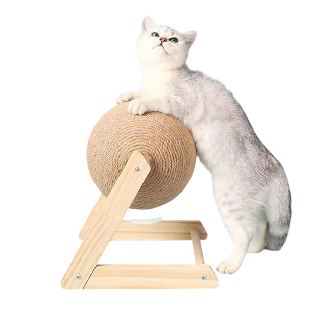 Palla graffiatoia in sisal per gatti 16 cm con supporto in legno a forma di L Graffiatoio di design Materiali naturali Protezione dei mobili 1