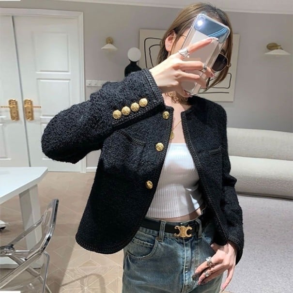 Palton de damă din tweed P2266 negru XS