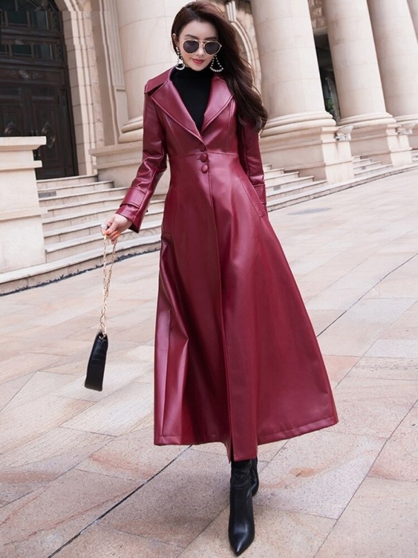 Palton lung de piele de damă P1960 burgundy XXL