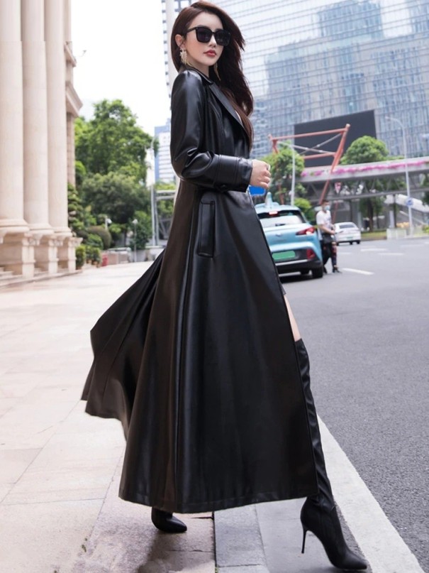 Palton lung de piele de damă P1960 negru XS