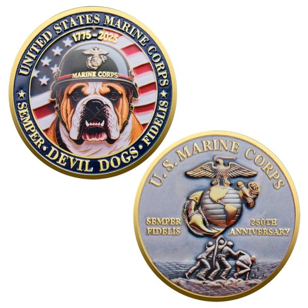 Pamätná Mince US Marine Corps Devil Dogs Námorná Pechota USA 1775-2025 Obojstranná 4 cm Pozlátený Kov s Reliéfom Buldoka Orla Glóbu a Kotvy 1