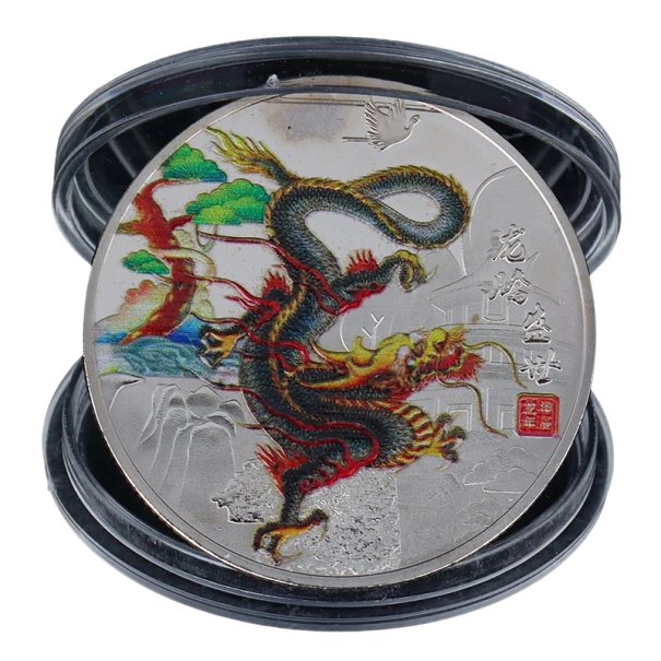 Pamětní mince s čínským drakem 4 cm Sběratelská mince s drakem čínského zvěrokruhu Malovaná pozlacená čínská mince s drakem Kovová mince pro rok Draka v průhledném krytu 3
