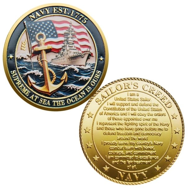 Pamětní Mince US Navy Americké Námořnictvo Sailor's Creed Bitevní Loď s Vlajkou a Kotvou Oboustranná 4 cm Pozlacený Kov od Roku 1775 1