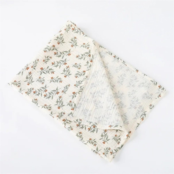 Pamut muszlin takaró babáknak 85x65 cm Baba törölköző Swaddle Zöld gally bogyós mintával Természet motívum 1