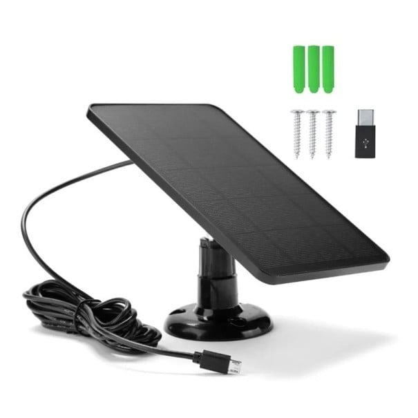 Panel solar monocristalino de 10 W y 5 V, 17,5 x 12 cm, IP65, soporte de 360°, cargador Micro USB y tipo C para cámara, iluminación negro