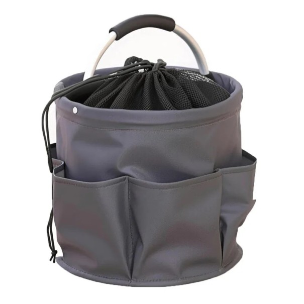 Panier à outils avec un couvercle en filet fermé et des poches sur le pourtour volume 17 L diamètre 28 cm et hauteur 28 cm pliable gris