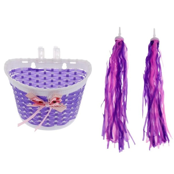 Panier de vélo pour enfants Taille universelle Panier avant en plastique avec des franges pour guidon Panier de rangement pour jouets violet