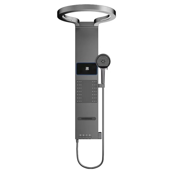 Panneau de douche mural de hauteur 900–1054 mm avec douche de tête ronde et douche à main, et écran LED multifonction en couleur gris foncé 1