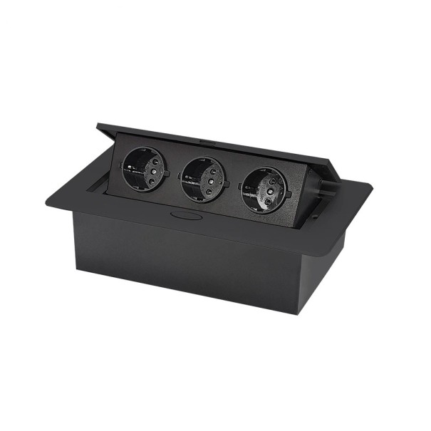 Pannello a scomparsa con 3 prese EU 265×118×70 mm pannello in alluminio con pulsante per l'estrazione nel piano di lavoro nero