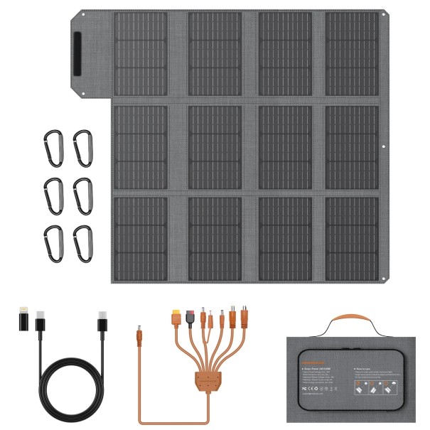 Pannello solare portatile pieghevole 120 W con porta DC e USB-C e USB QC 3.0 Set con cavo 7 in 1 e moschettoni Grigio Per campeggio e viaggi 1