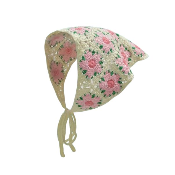 Paño triangular de ganchillo romántico Pañuelo floral de primavera y verano para mujeres Ligera y encantadora cobertura para la cabeza para viajar 1