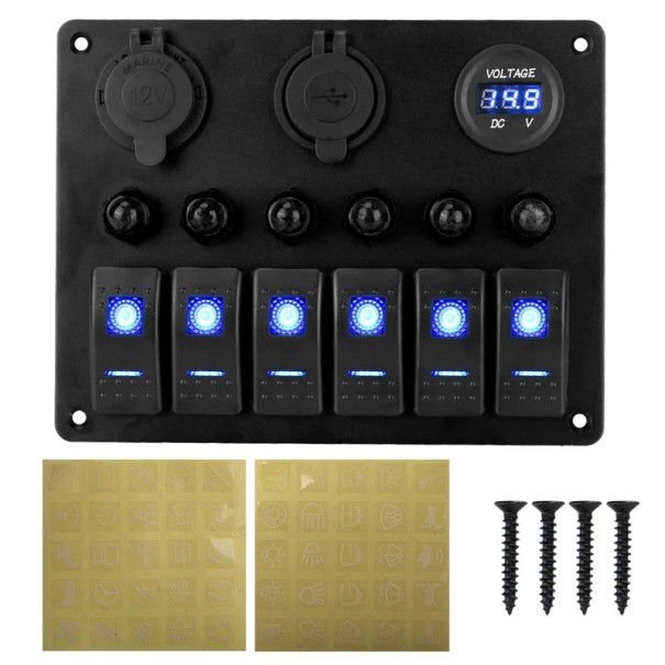 Panou de comutare pentru mașină cu 6 comutatoare cu basculă + priză USB pentru brichetă și voltmetru 12-24V impermeabil din ABS negru pentru barcă și caravană albastru
