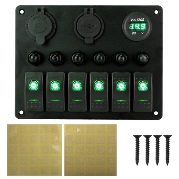 Panou de comutare pentru mașină cu 6 comutatoare cu basculă + priză USB pentru brichetă și voltmetru 12-24V impermeabil din ABS negru pentru barcă și caravană verde