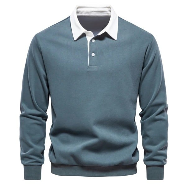 Pánská bavlněná mikina s límečkem a polovičním zapínáním na knoflíky Jednobarevné polo s dlouhým rukávem Pohodlný elegantní model pro každý den zelená M