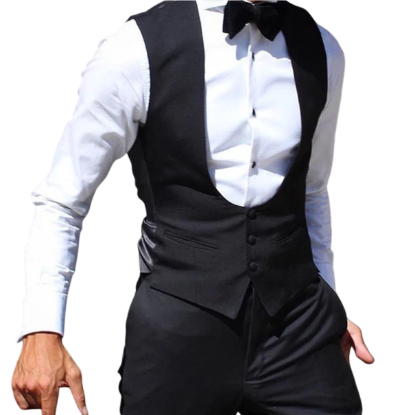 Pánska čierna elegantná vesta s vreckami a hlbokým výstrihom do O Jednobarevná vesta na gombíky Formálna spoločenská vesta POLYESTER VISKO L