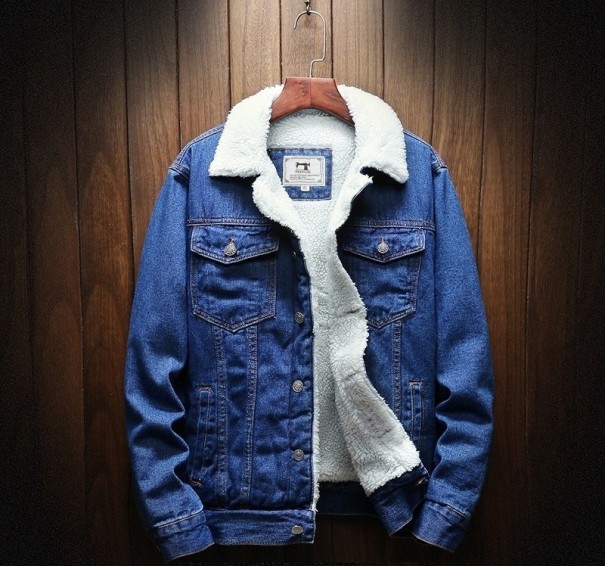 Pánská džínová zimní bunda s kožíškem modrá XL