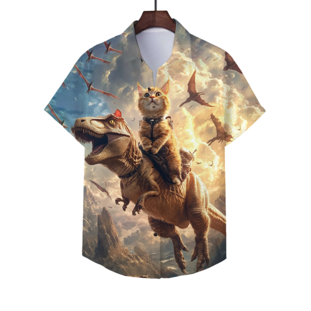 Pánská ing férfi ing gombos gallérral Rövid ujjú Poliészter Spandex Kék Macska dínón ülve Nyári ing XXL