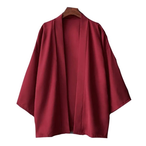 Pánská kimono košile Jednobarevné provedení Polyester Lehký volný střih pro městský styl a každodenní nošení červená L
