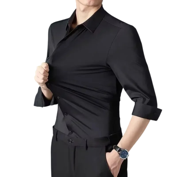 Pánska košela dlhý rukáv Jednobarevné prevedenie Zapínanie na gombíky Výstrih do V Spandex a polyamid Pohodlný strih Celoročná čierna S