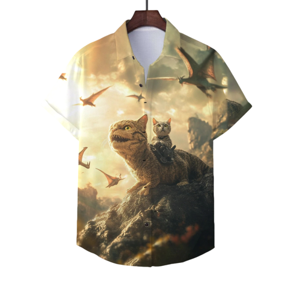 Pánská košile s límečkem na knoflíky Krátký rukáv Polyester Spandex Žlutá Kočka jedoucí na dinosaurovi Potisk Letní košile XXL