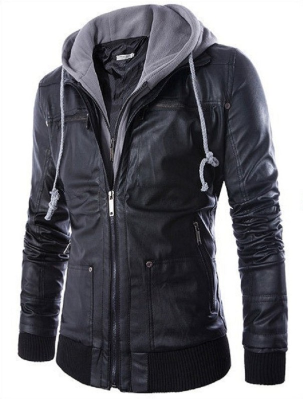 Pánská kožená bunda s kapucí - Černá L