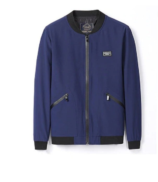 Pánska ľahká bunda bomber so žebrovaným golierom Celopropínací zips a dve šikmé vrecká na zips Polyester so spandexom Na jar aj jeseň modrá XXL