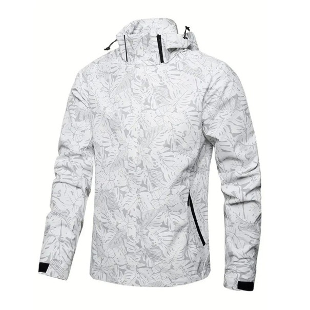 Pánska ležérna nepromokavá bunda s kapucňou na zips s vreckami motív listov polyester biela M