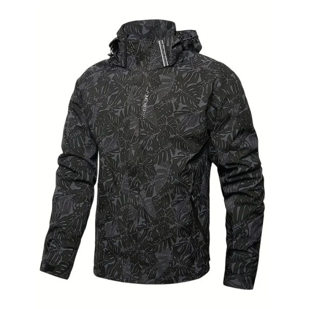 Pánska ležérna nepromokavá bunda s kapucňou na zips s vreckami motív listov polyester čierna L