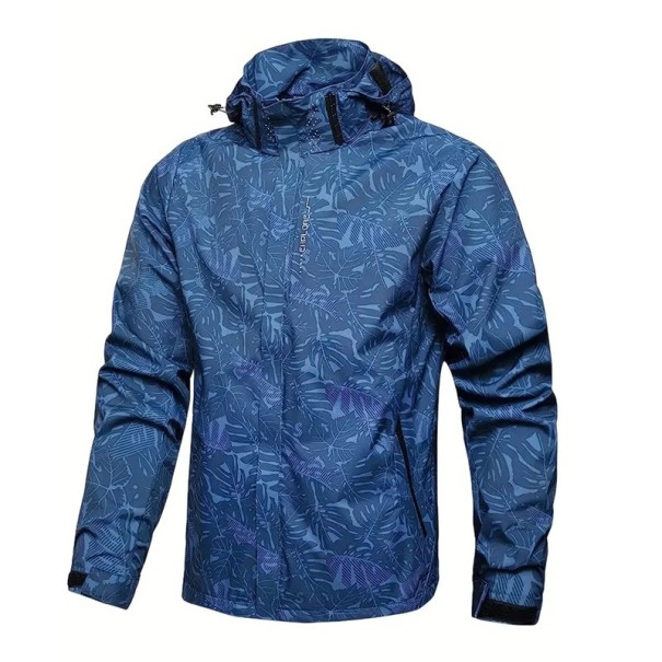 Pánska ležérna nepromokavá bunda s kapucňou na zips s vreckami motív listov polyester modrá XL