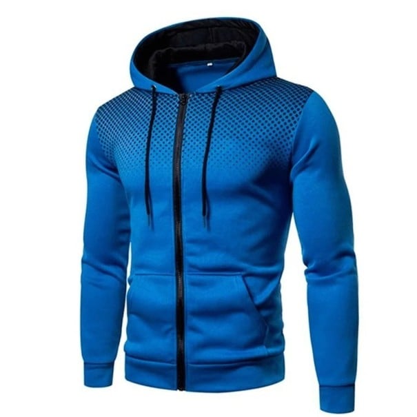 Pánská mikina na zip s kapucí a kapsami Jednobarevná sportovní mikina s jemným vzorem teček na ramenou Pohodlný polyesterový materiál modrá XS