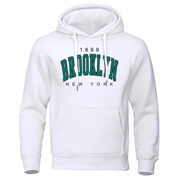 Pánska mikina s kapucňou a kapsami Jednofarebná športová mikina s jemným nápisom Brooklyn na hrudi Pohodlný polyesterový materiál biela XS