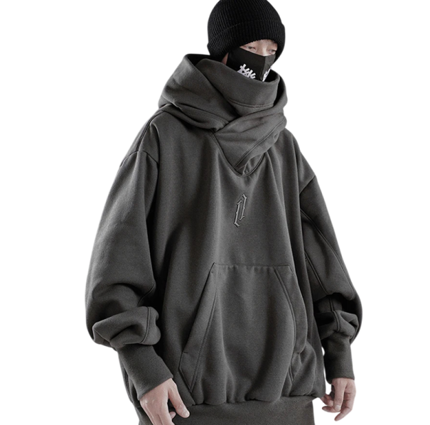 Pánska mikina s kapucňou a rolákovým límcom Jednobarevná mikina so symbolom a kapsami z bavlny, polyesteru a spandexu Pohodlný moderný streetwear sivá S