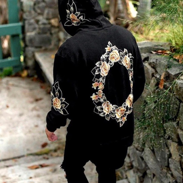 Pánska mikina s kvetinami čierna S