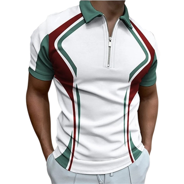 Pánská polokošile na zip s V výstřihem a límečkem Krátký rukáv Barevné vzorování Polyester Stylová letní polokošile armádní zelená XS