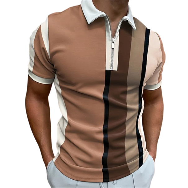 Pánská polokošile na zip V výstřih s límečkem Krátký rukáv Barevné pruhy Polyester Moderní letní střih pro volný čas hnědá XL